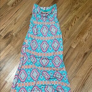 Strapless Geometric Print Dress - Turquoise and Orange